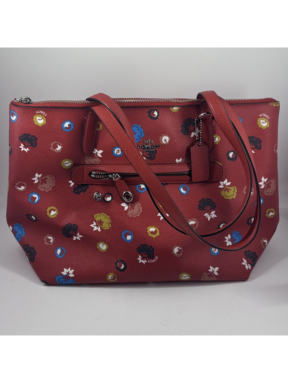 Coach Red Floral Print Leather Tote Bag with Zip Closure and Shoulder Straps